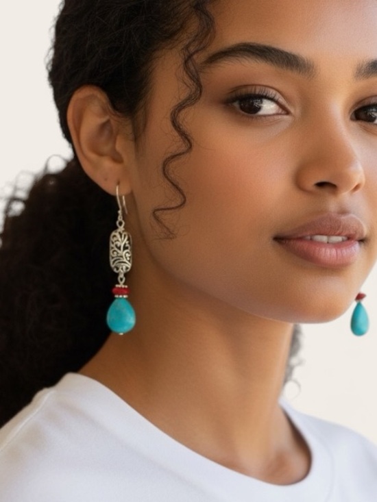 Hand Crafted Jewelry - HANDCRAFTED TURQUOISE MAGNESITE TEARDROP DANGLE EARRINGS Silver Filigree